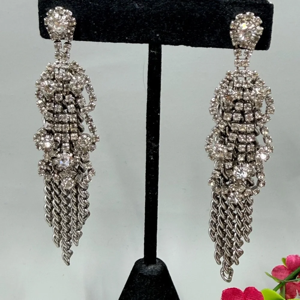 Vintage Crystal Fringe Drop Earrings With Chain Dangles - Picture 2 of 5